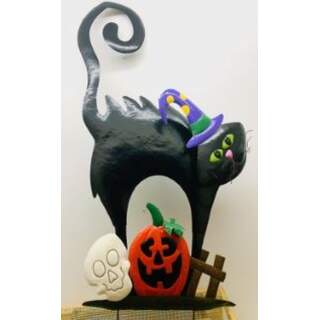 Cat with skeleton and Pumpkin on Two Poles 