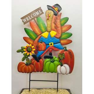 Welcome Turkey w/pumpkins on two poles 